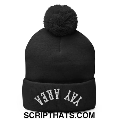 Upside Down Yay Area Embroidered Knit Pom Pom Beanie Black