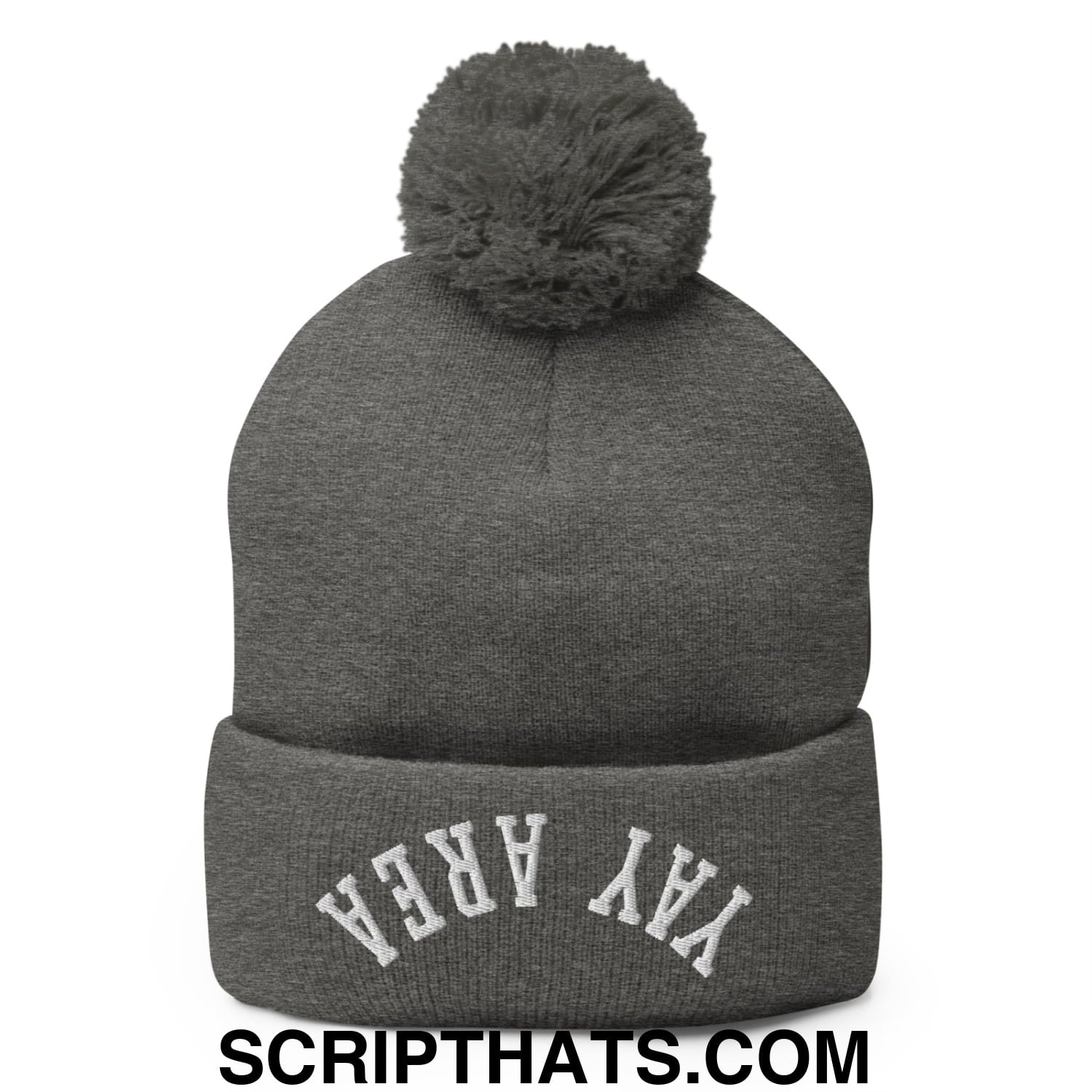 Upside Down Yay Area Embroidered Knit Pom Pom Beanie Dark Heather Grey