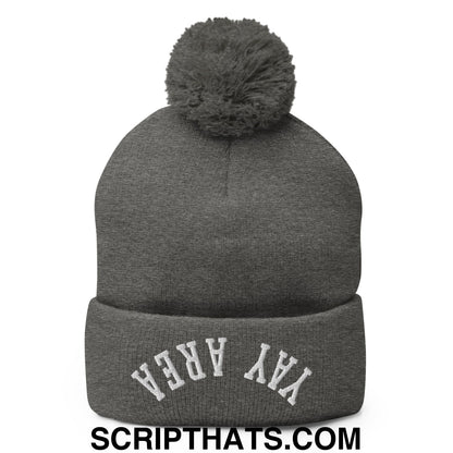 Upside Down Yay Area Embroidered Knit Pom Pom Beanie Dark Heather Grey