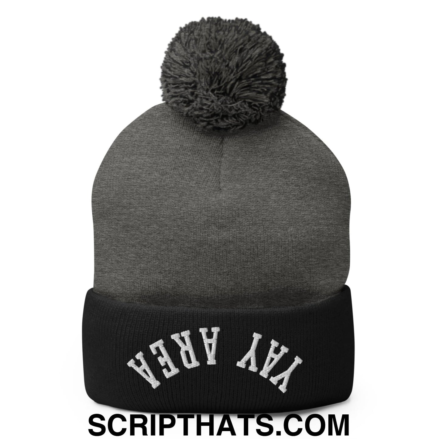 Upside Down Yay Area Embroidered Knit Pom Pom Beanie Dark Heather Grey Black