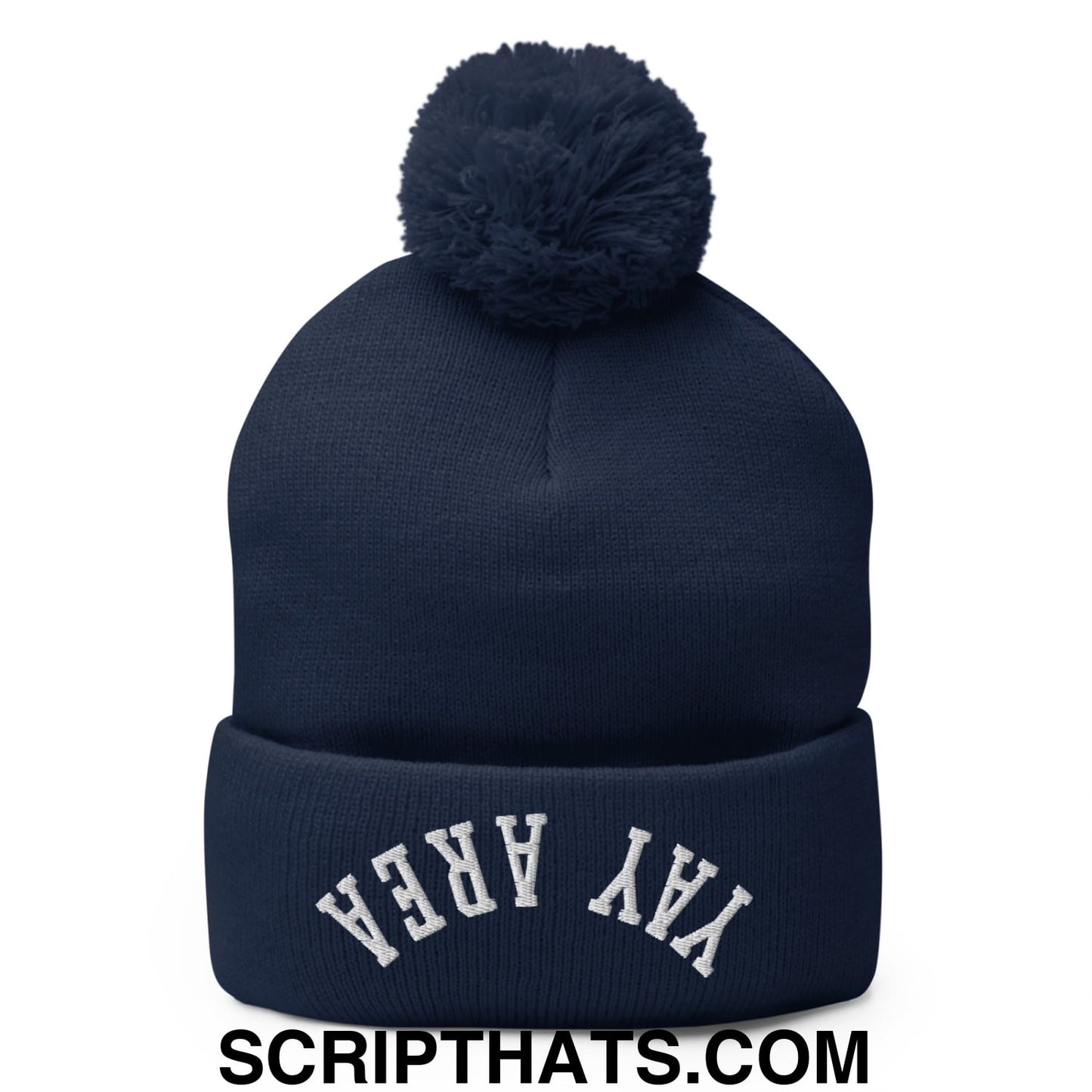 Upside Down Yay Area Embroidered Knit Pom Pom Beanie Navy