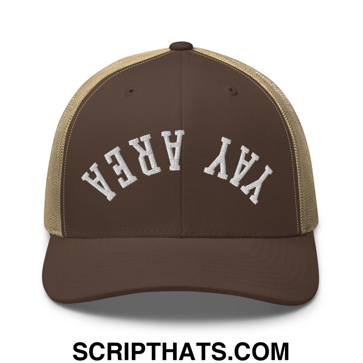 Upside Down Yay Area Embroidered Mesh Trucker Hat Brown Khaki