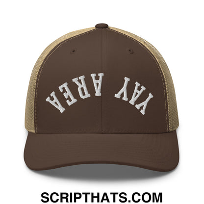 Upside Down Yay Area Embroidered Mesh Trucker Hat Brown Khaki