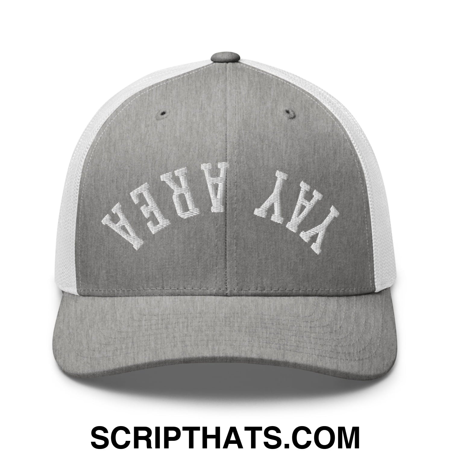 Upside Down Yay Area Embroidered Mesh Trucker Hat Heather Grey White