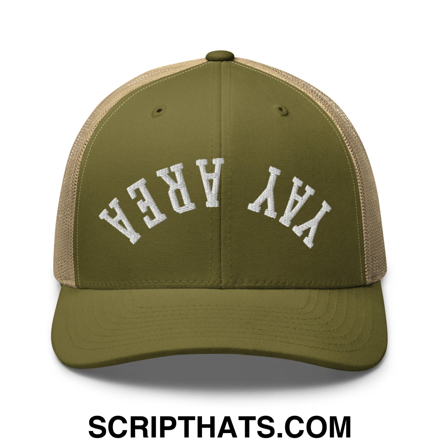 Upside Down Yay Area Embroidered Mesh Trucker Hat Moss Khaki