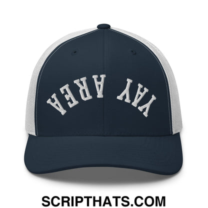 Upside Down Yay Area Embroidered Mesh Trucker Hat Navy White