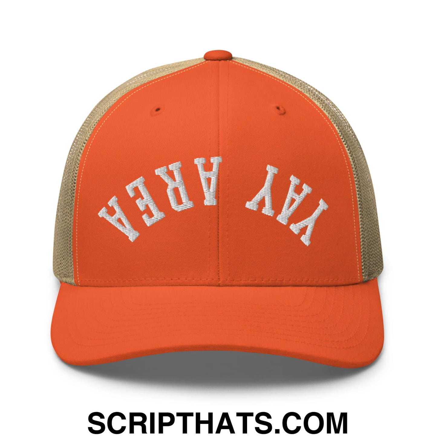 Upside Down Yay Area Embroidered Mesh Trucker Hat Rustic Orange Khaki