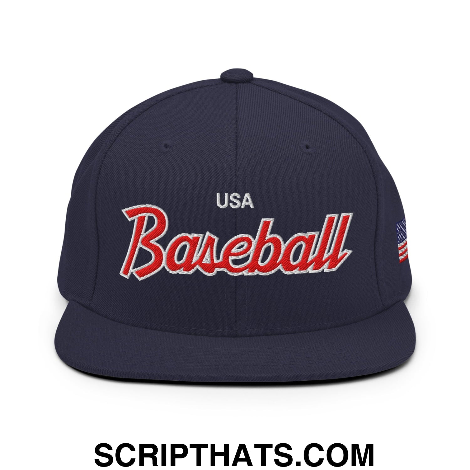 USA Baseball Olympics WBC Vintage Sports Script Embroidered Flat Bill Brim Snapback Hat Navy