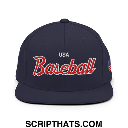 USA Baseball Olympics WBC Vintage Sports Script Embroidered Flat Bill Brim Snapback Hat Navy