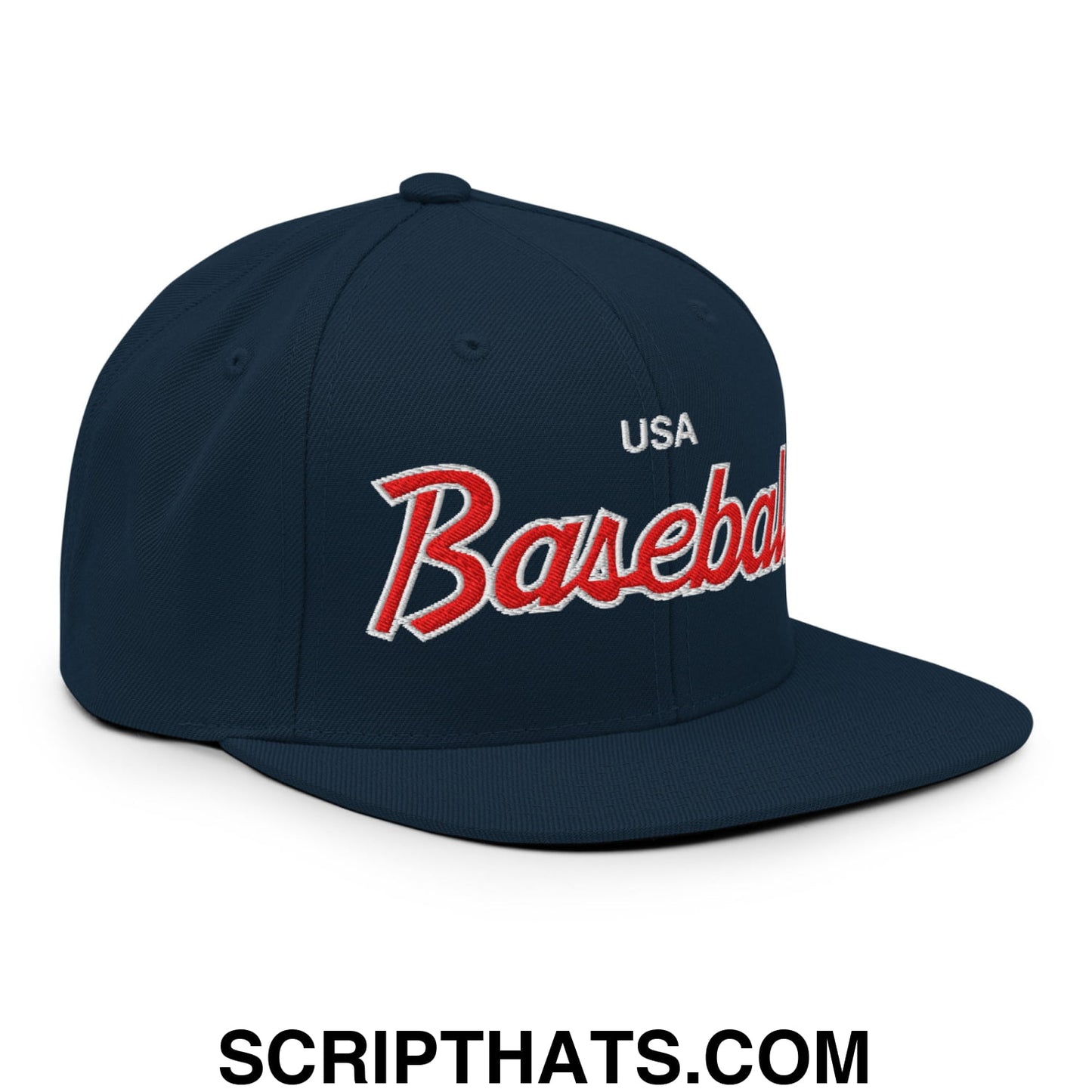 USA Baseball Olympics WBC Vintage Sports Script Embroidered Flat Bill Brim Snapback Hat Dark Navy