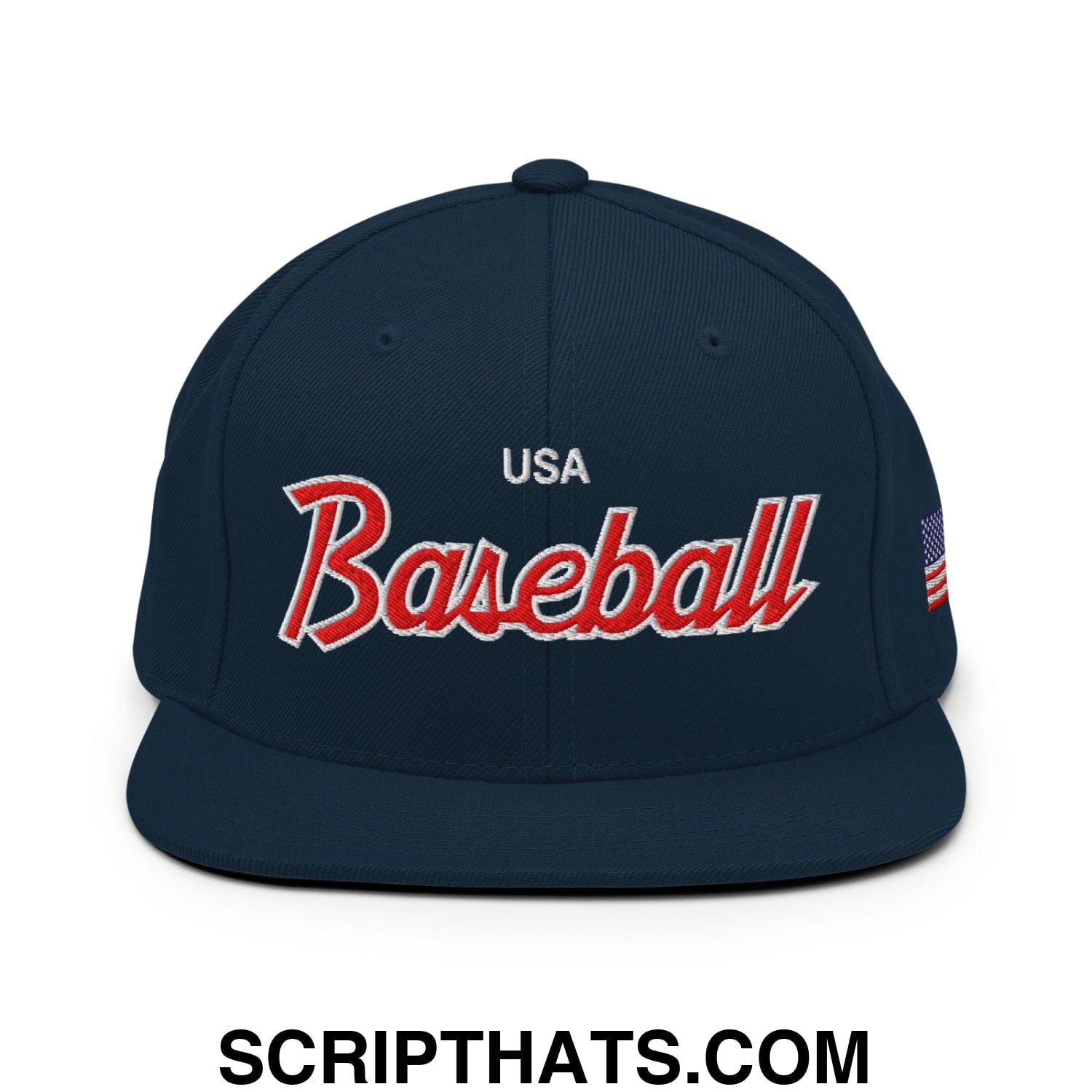 USA Baseball Olympics WBC Vintage Sports Script Embroidered Flat Bill Brim Snapback Hat Dark Navy