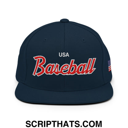USA Baseball Olympics WBC Vintage Sports Script Embroidered Flat Bill Brim Snapback Hat Dark Navy