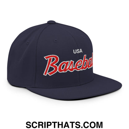 USA Baseball Olympics WBC Vintage Sports Script Embroidered Flat Bill Brim Snapback Hat Navy