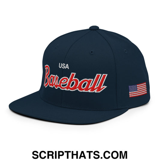 USA Baseball Olympics WBC Vintage Sports Script Embroidered Flat Bill Brim Snapback Hat Dark Navy