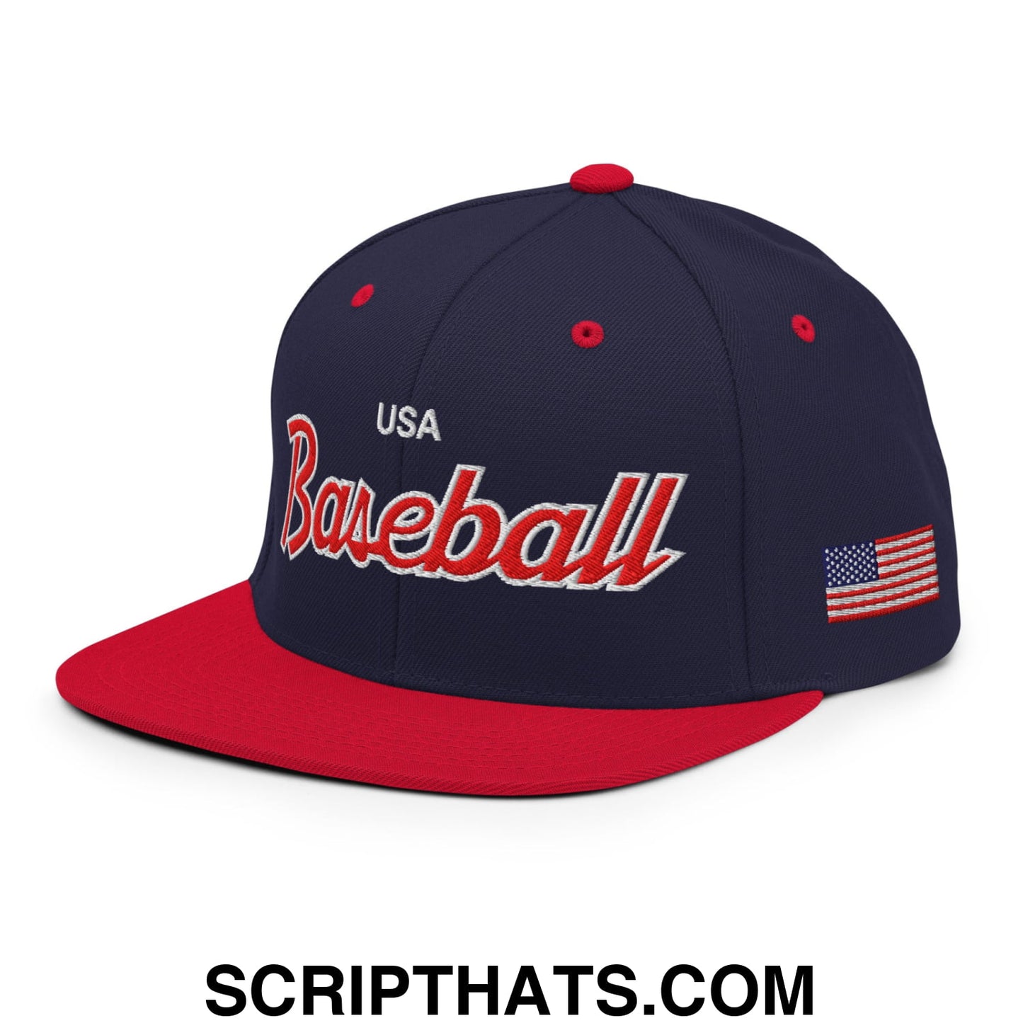USA Baseball Olympics WBC Vintage Sports Script Embroidered Flat Bill Brim Snapback Hat Navy Red