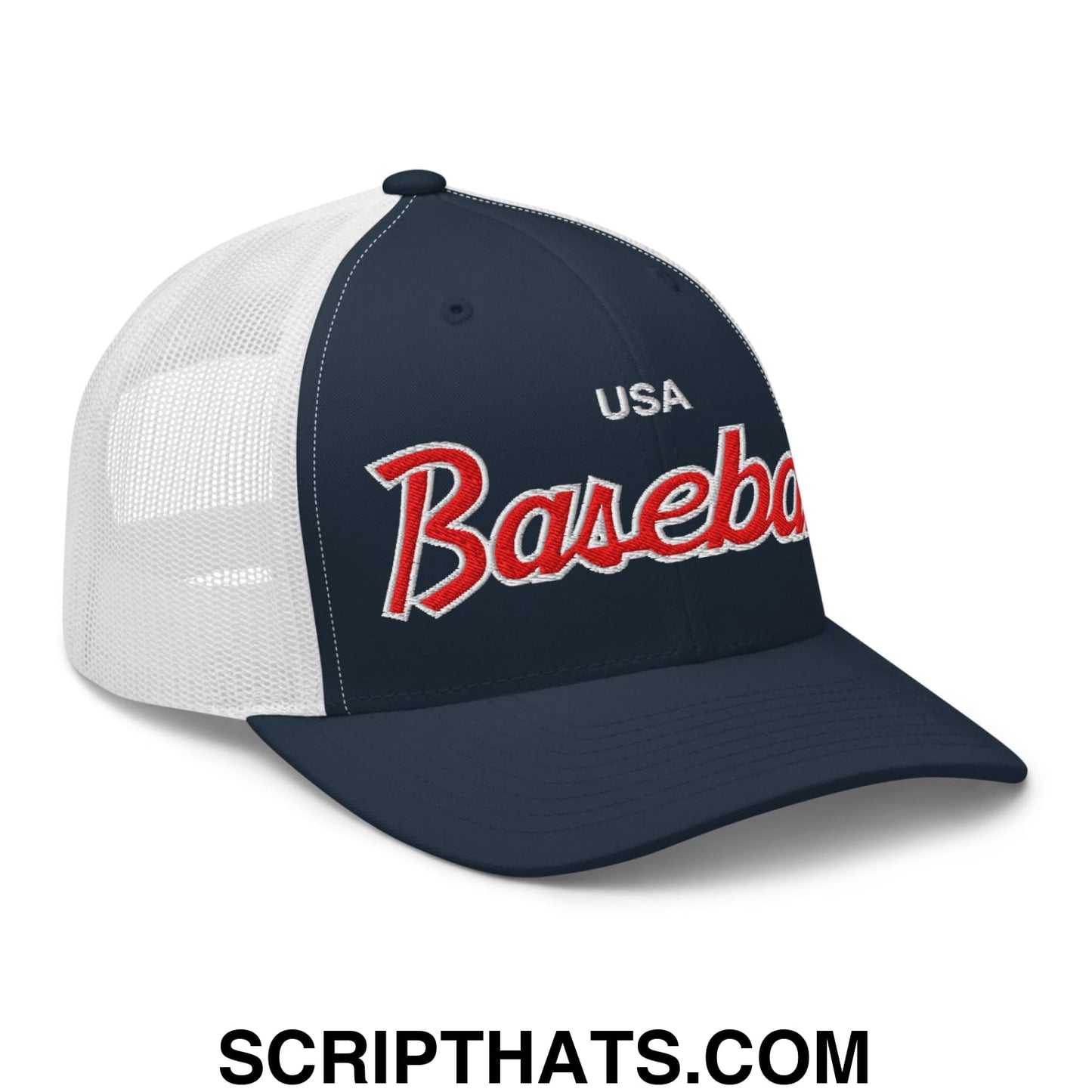 USA Baseball Olympics WBC Vintage Sports Script Embroidered Mesh Trucker Hat Navy White
