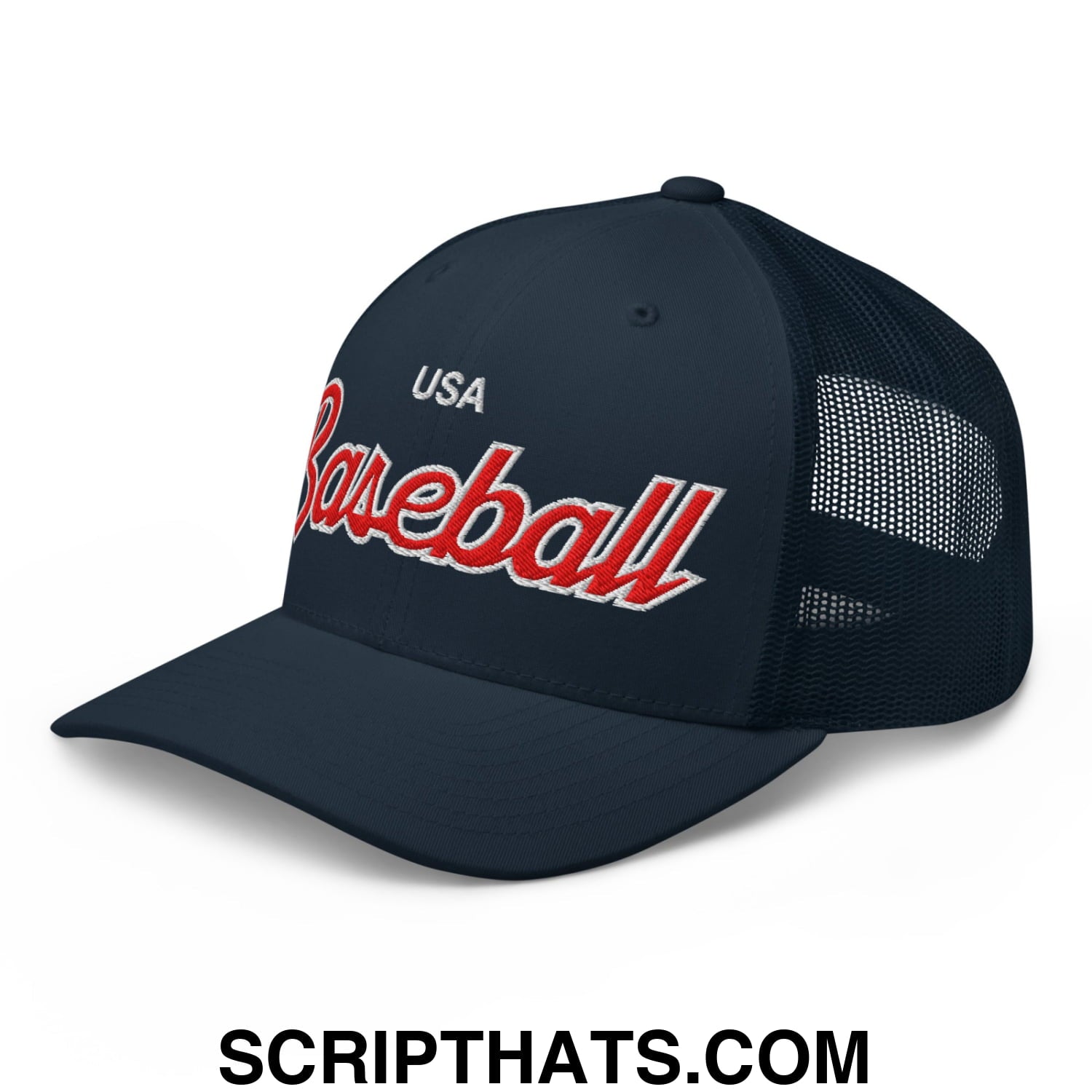 USA Baseball Olympics WBC Vintage Sports Script Embroidered Mesh Trucker Hat Navy