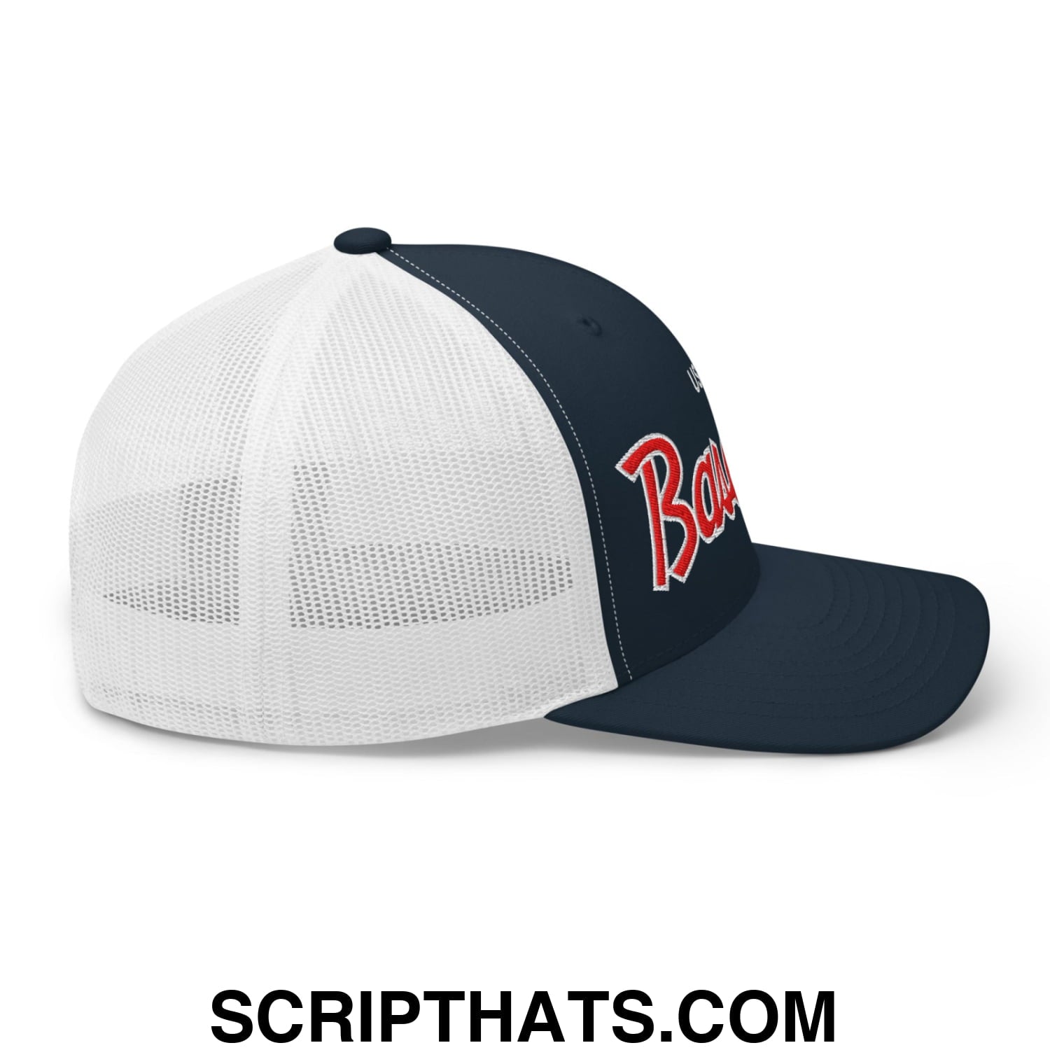USA Baseball Olympics WBC Vintage Sports Script Embroidered Mesh Trucker Hat Navy White