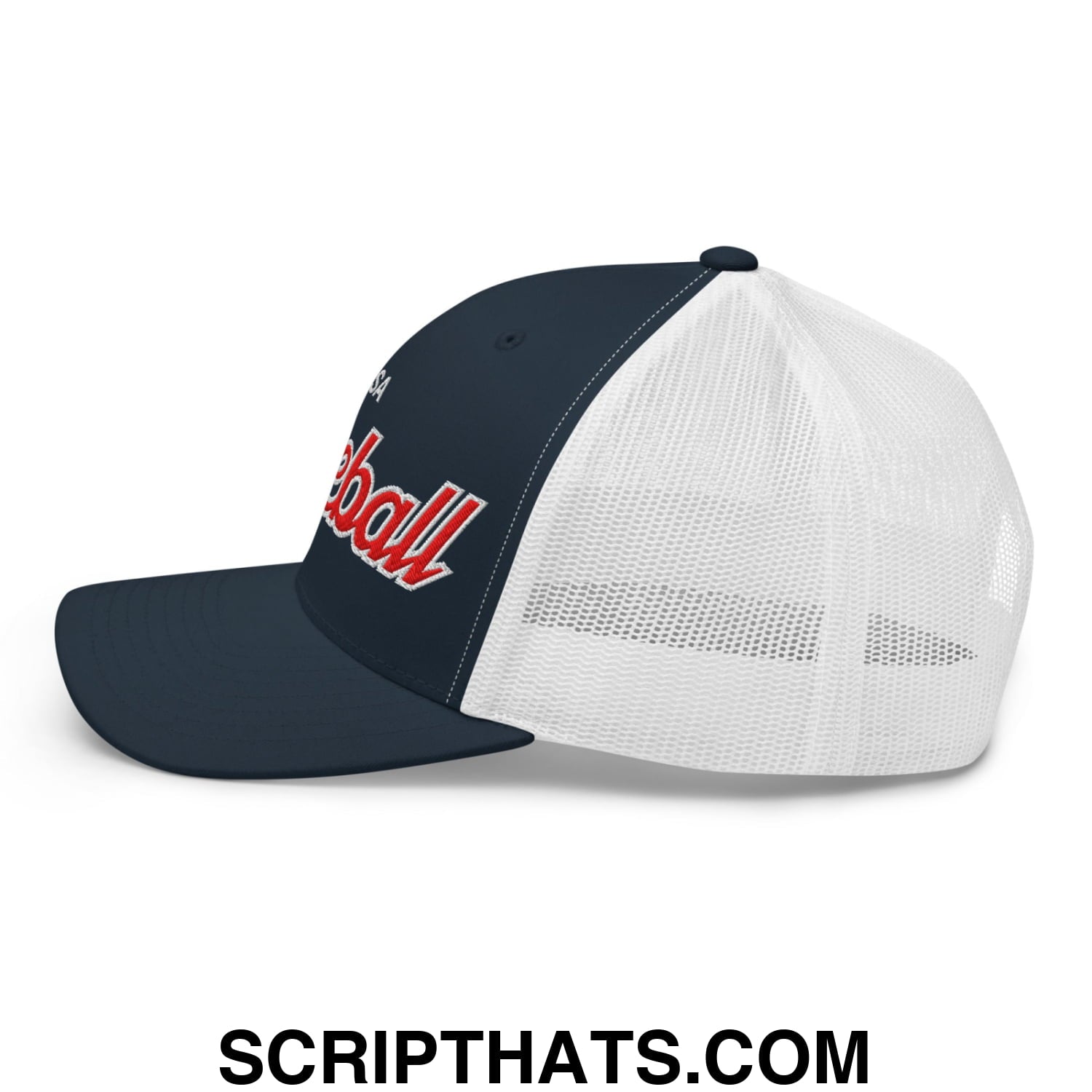 USA Baseball Olympics WBC Vintage Sports Script Embroidered Mesh Trucker Hat Navy White