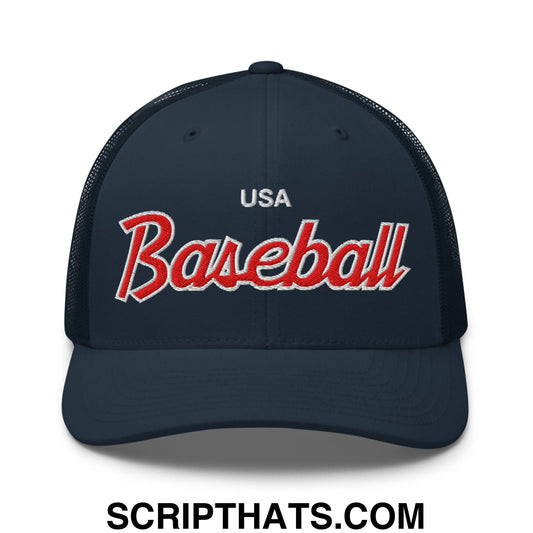 USA Baseball Olympics WBC Vintage Sports Script Embroidered Mesh Trucker Hat Navy