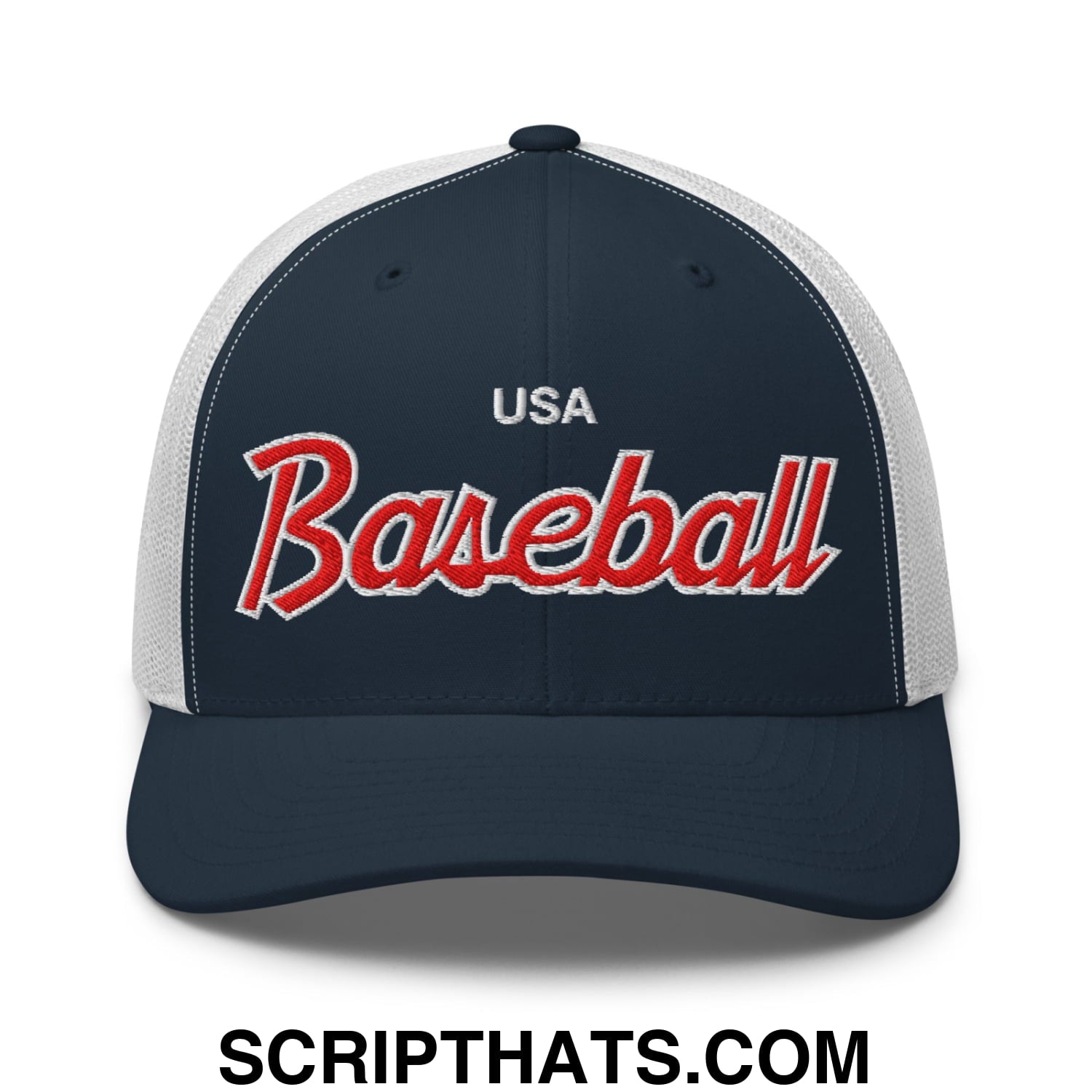USA Baseball Olympics WBC Vintage Sports Script Embroidered Mesh Trucker Hat Navy White