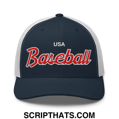 USA Baseball Olympics WBC Vintage Sports Script Embroidered Mesh Trucker Hat Navy White