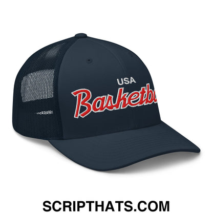 USA Basketball Olympics Vintage Sports Script Embroidered Mesh Trucker Hat Navy