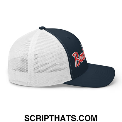 USA Basketball Olympics Vintage Sports Script Embroidered Mesh Trucker Hat Navy White