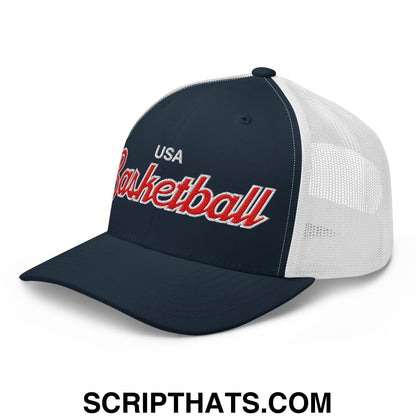USA Basketball Olympics Vintage Sports Script Embroidered Mesh Trucker Hat Navy White