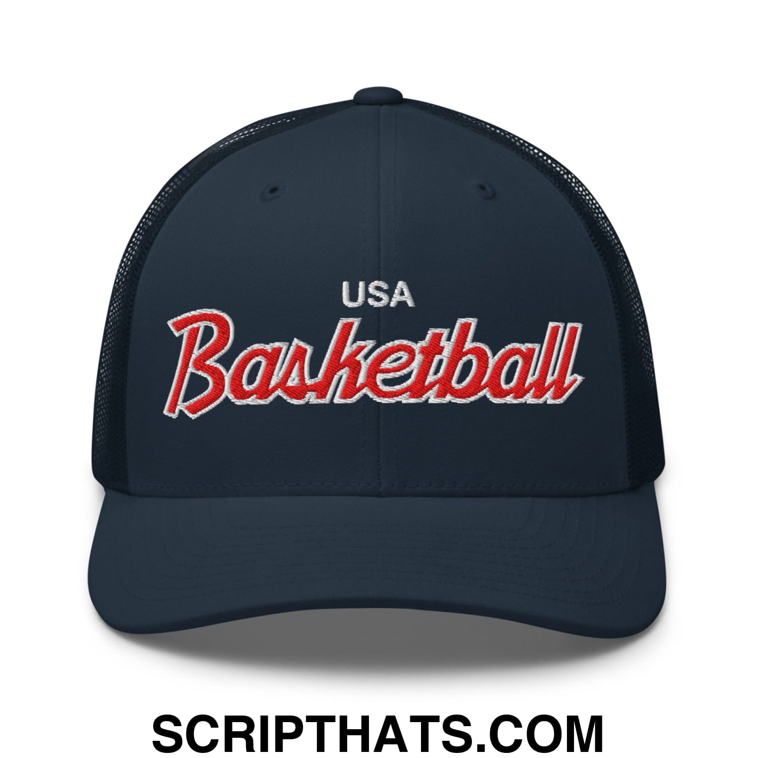 USA Basketball Olympics Vintage Sports Script Embroidered Mesh Trucker Hat Navy