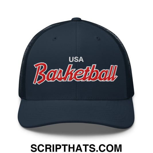 USA Basketball Olympics Vintage Sports Script Embroidered Mesh Trucker Hat Navy