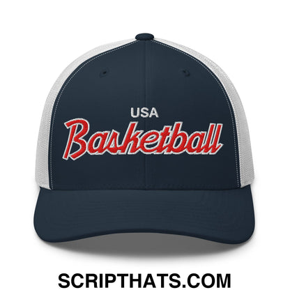 USA Basketball Olympics Vintage Sports Script Embroidered Mesh Trucker Hat Navy White