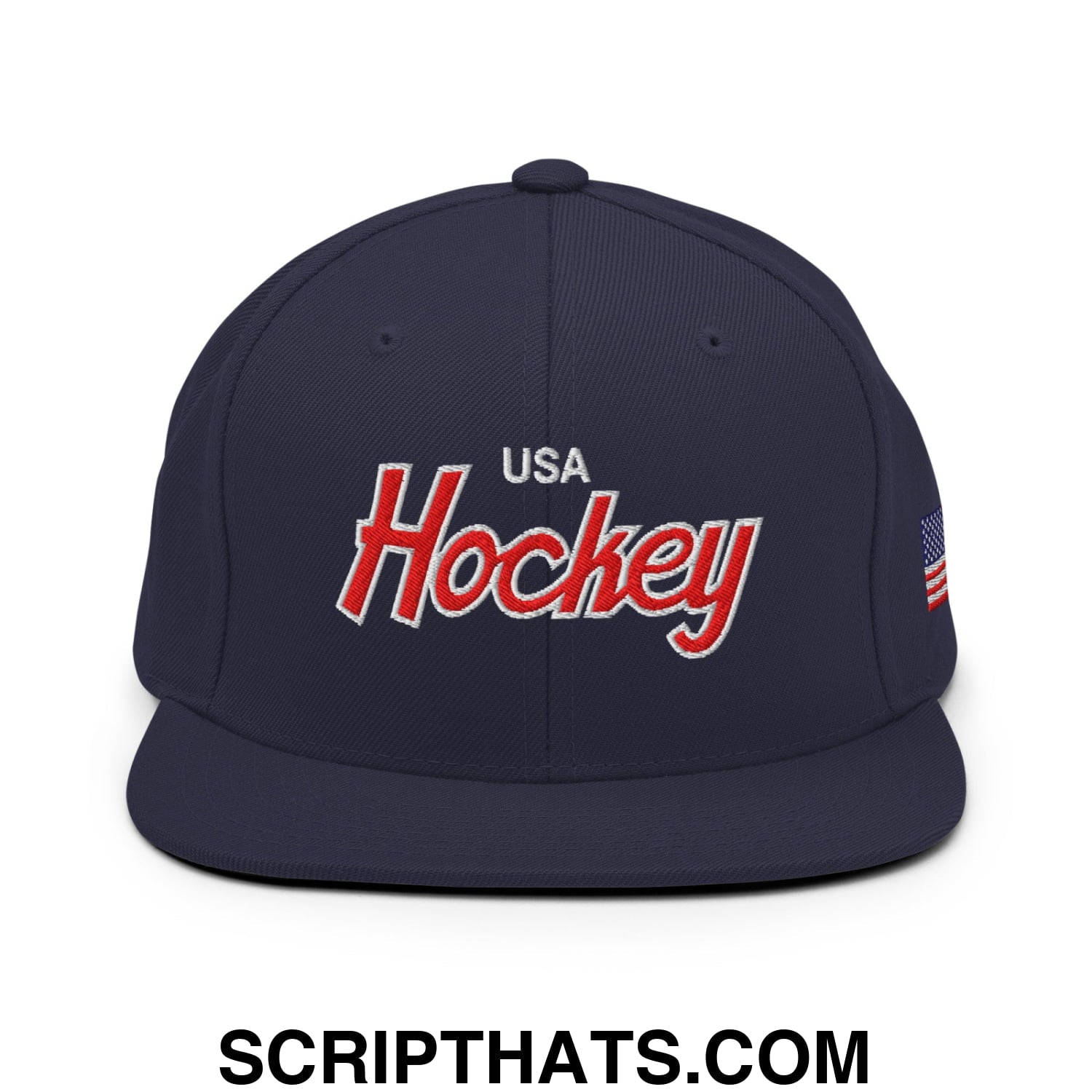 USA Hockey Olympics Vintage Sports Script Embroidered Flat Bill Brim Snapback Hat Navy