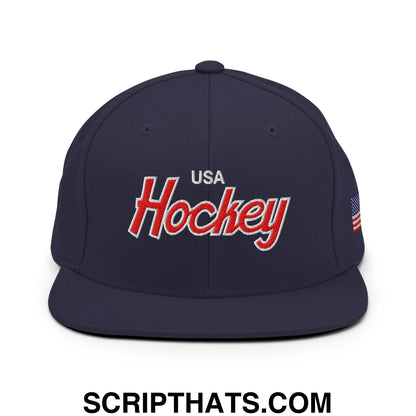 USA Hockey Olympics Vintage Sports Script Embroidered Flat Bill Brim Snapback Hat Navy