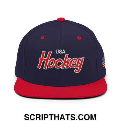 USA Hockey Olympics Vintage Sports Script Embroidered Flat Bill Brim Snapback Hat Navy Red