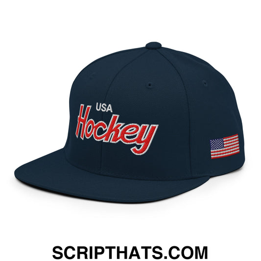 USA Hockey Olympics Vintage Sports Script Embroidered Flat Bill Brim Snapback Hat Dark Navy