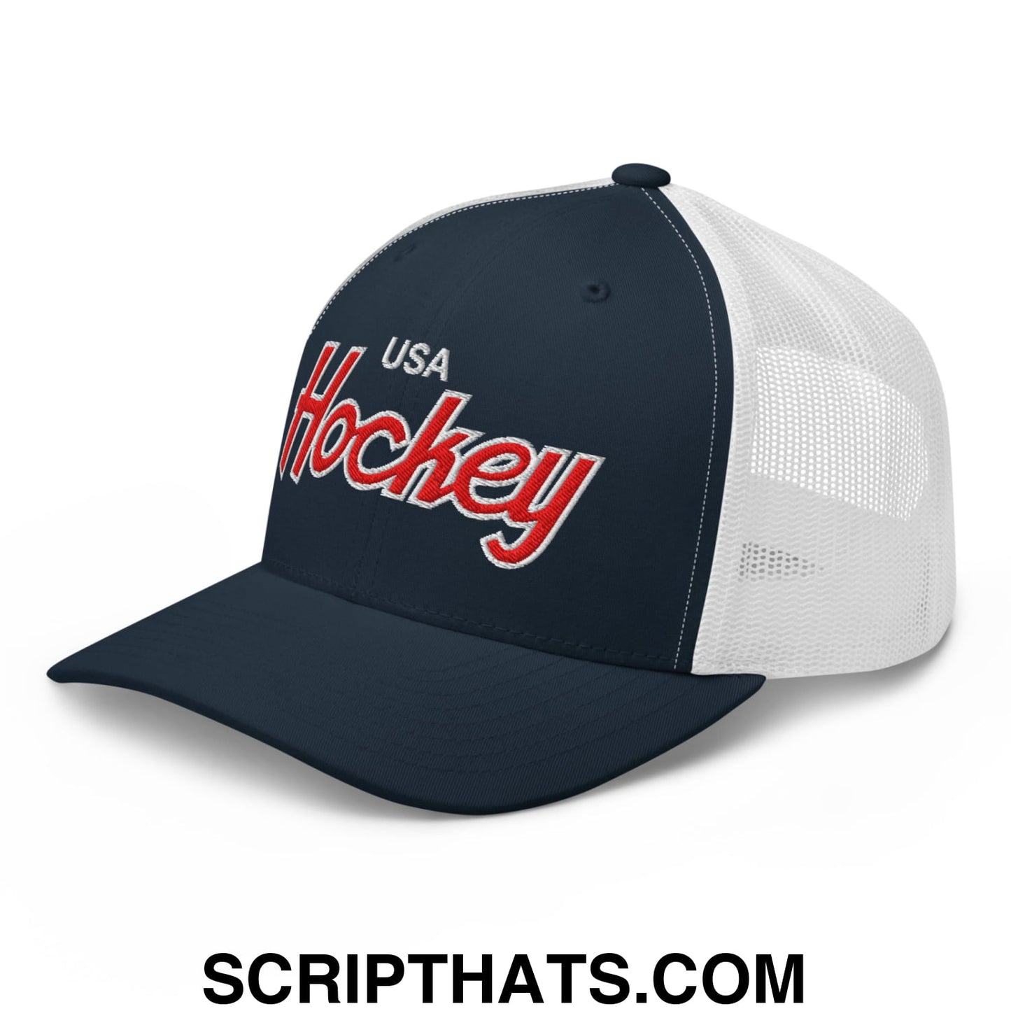 USA Hockey Olympics Vintage Sports Script Embroidered Mesh Trucker Hat Navy White