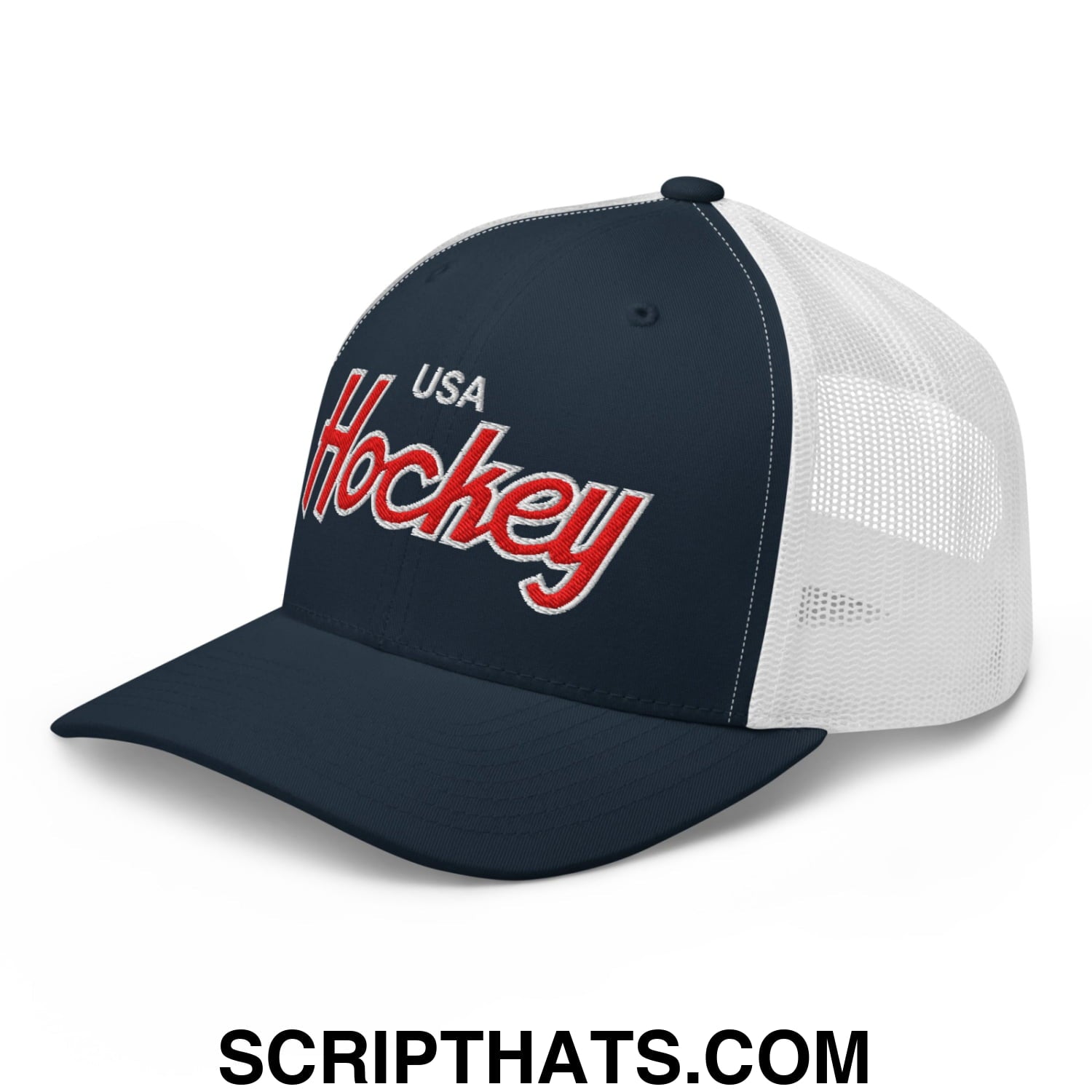 USA Hockey Olympics Vintage Sports Script Embroidered Mesh Trucker Hat Navy White