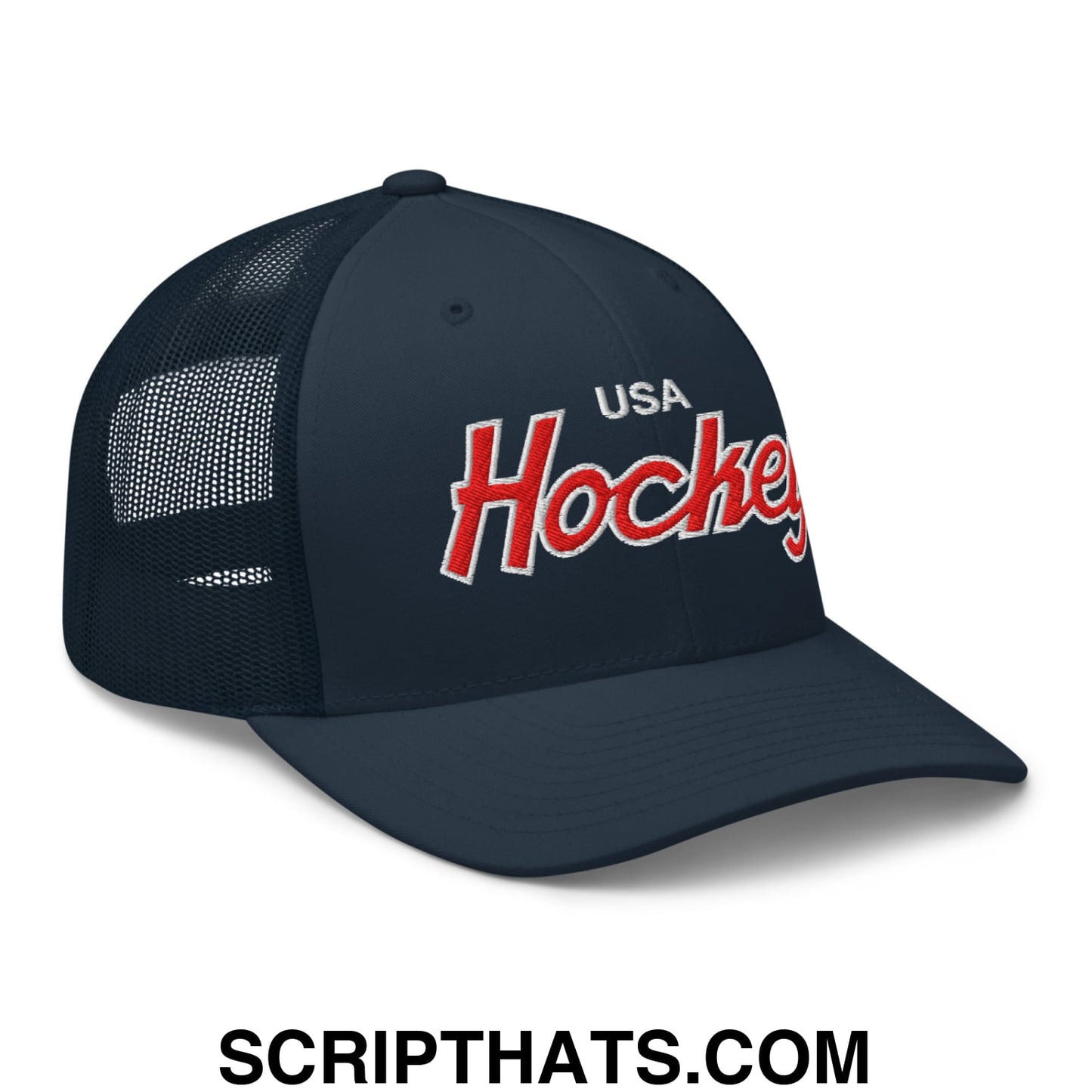 USA Hockey Olympics Vintage Sports Script Embroidered Mesh Trucker Hat Navy