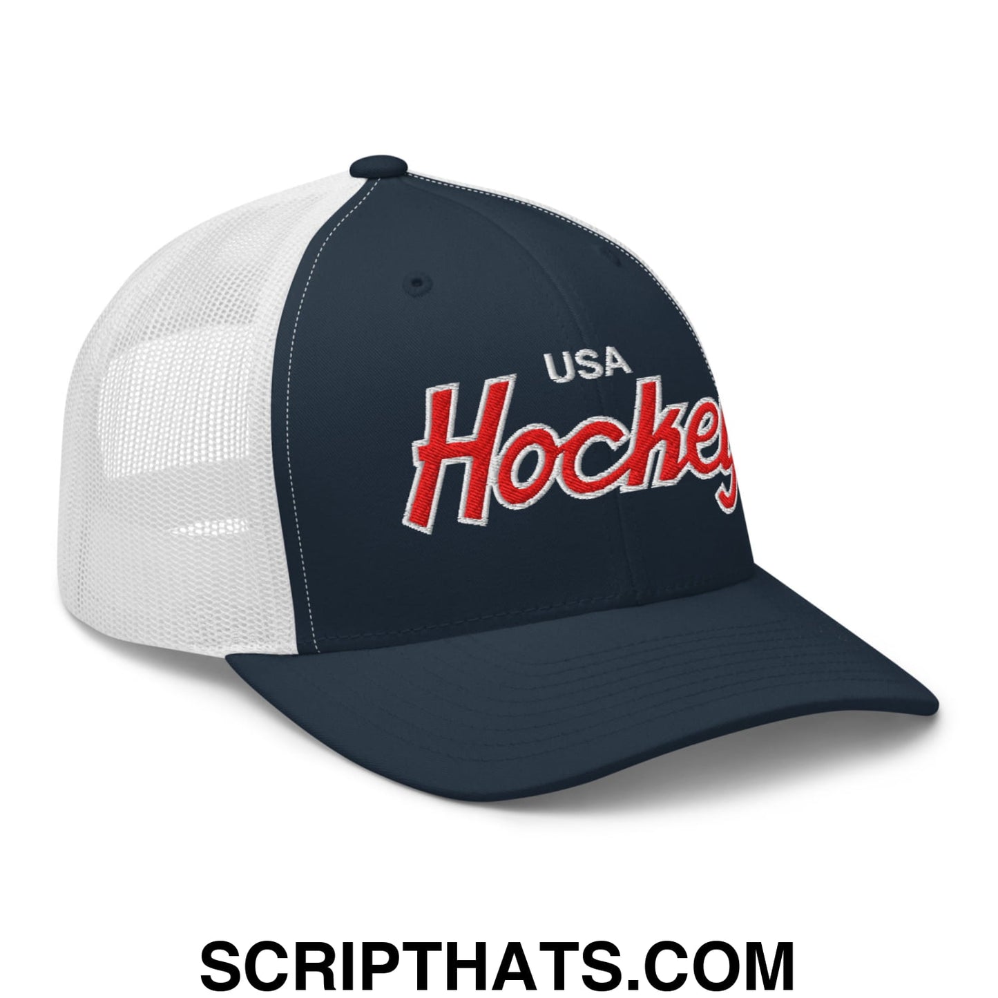 USA Hockey Olympics Vintage Sports Script Embroidered Mesh Trucker Hat Navy White