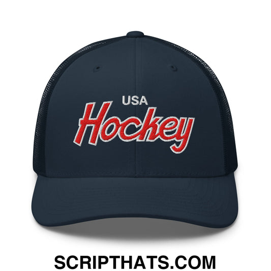 USA Hockey Olympics Vintage Sports Script Embroidered Mesh Trucker Hat Navy