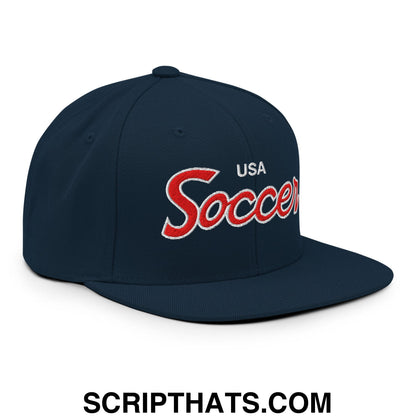 USA Soccer Olympics World Cup Vintage Sports Script Embroidered Flat Bill Brim Snapback Hat Dark Navy