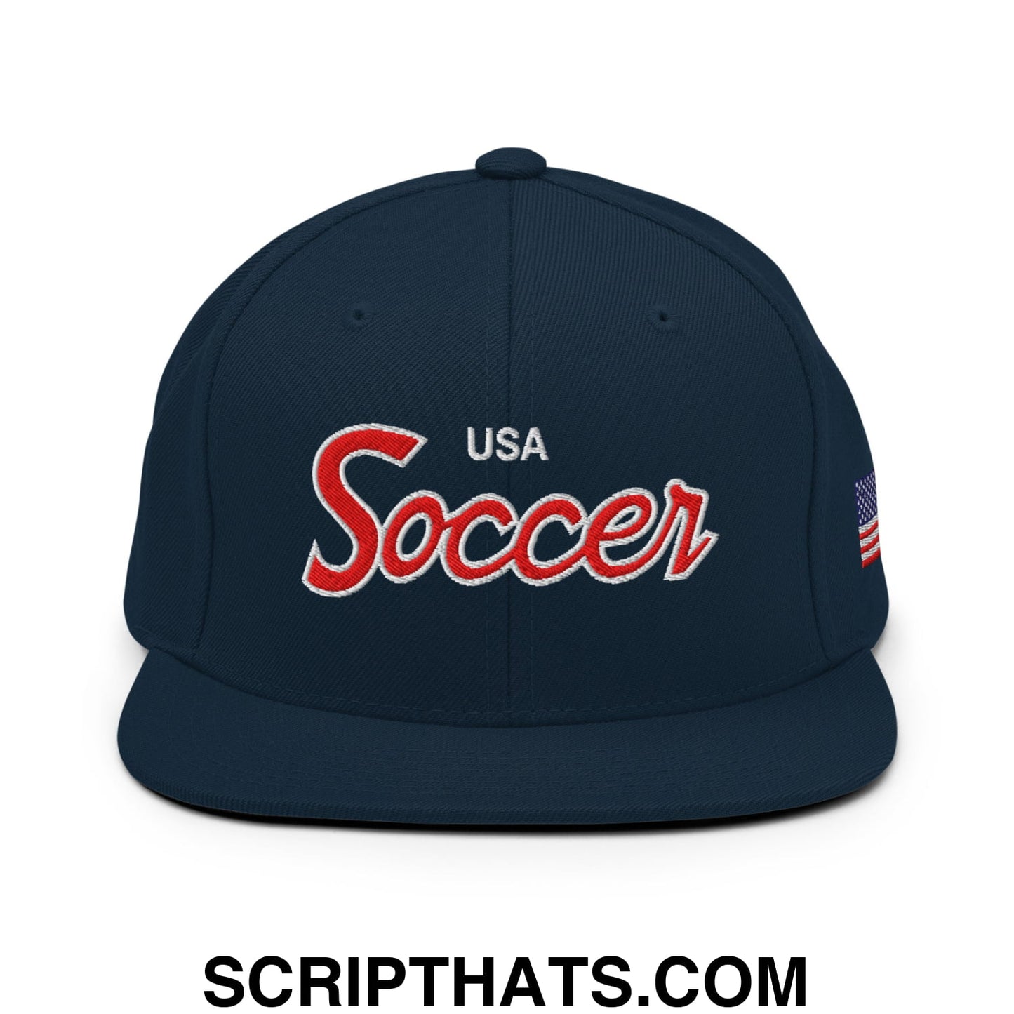 USA Soccer Olympics World Cup Vintage Sports Script Embroidered Flat Bill Brim Snapback Hat Dark Navy