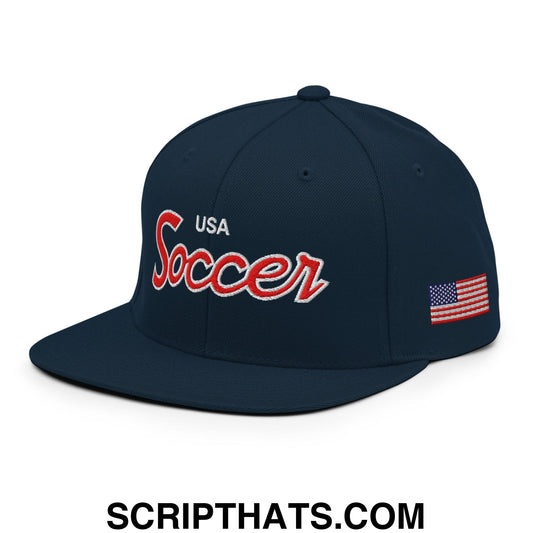 USA Soccer Olympics World Cup Vintage Sports Script Embroidered Flat Bill Brim Snapback Hat Dark Navy