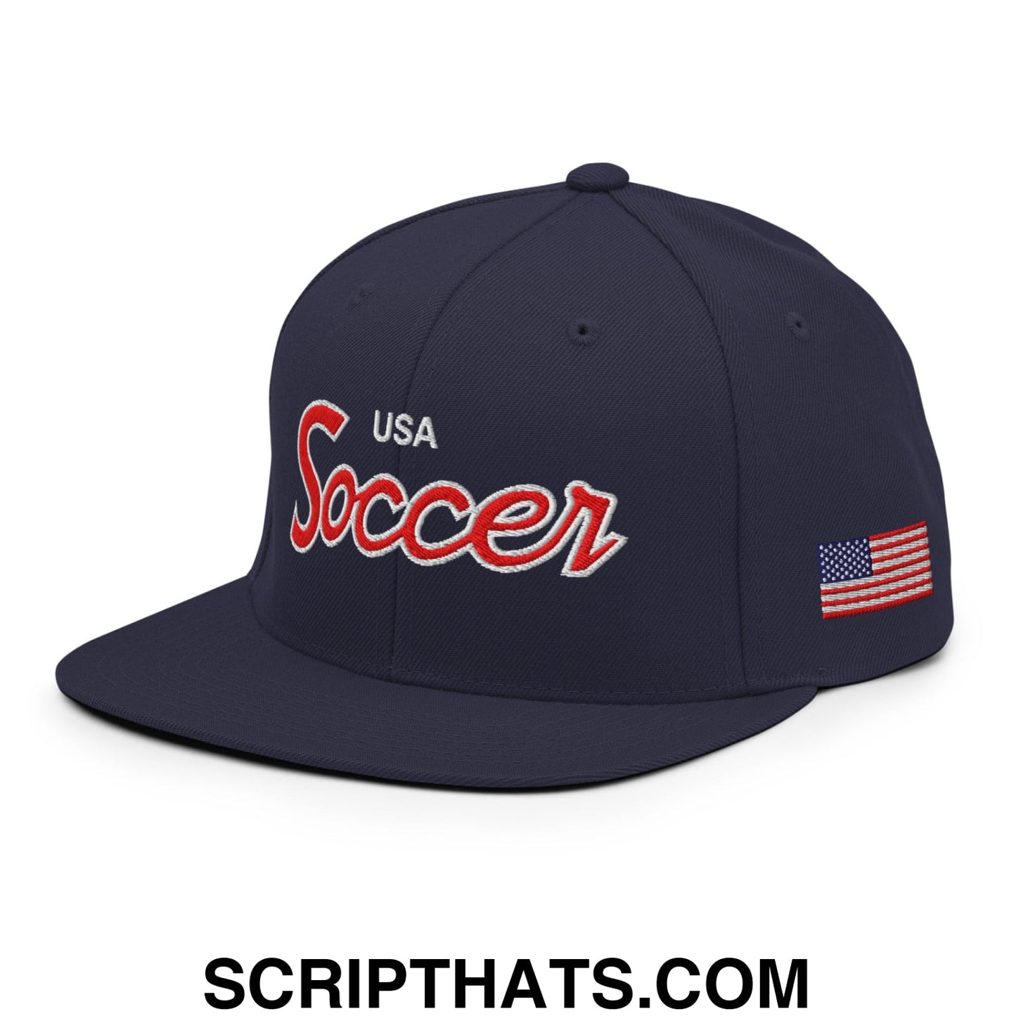 USA Soccer Olympics World Cup Vintage Sports Script Embroidered Flat Bill Brim Snapback Hat Navy