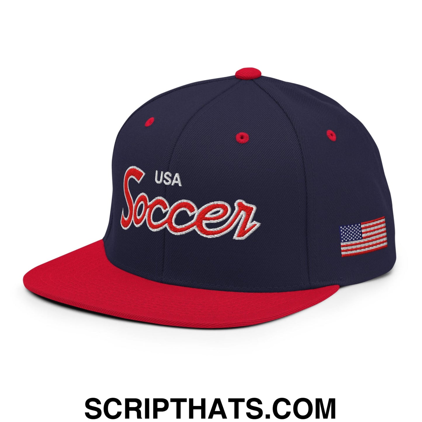 USA Soccer Olympics World Cup Vintage Sports Script Embroidered Flat Bill Brim Snapback Hat Navy Red