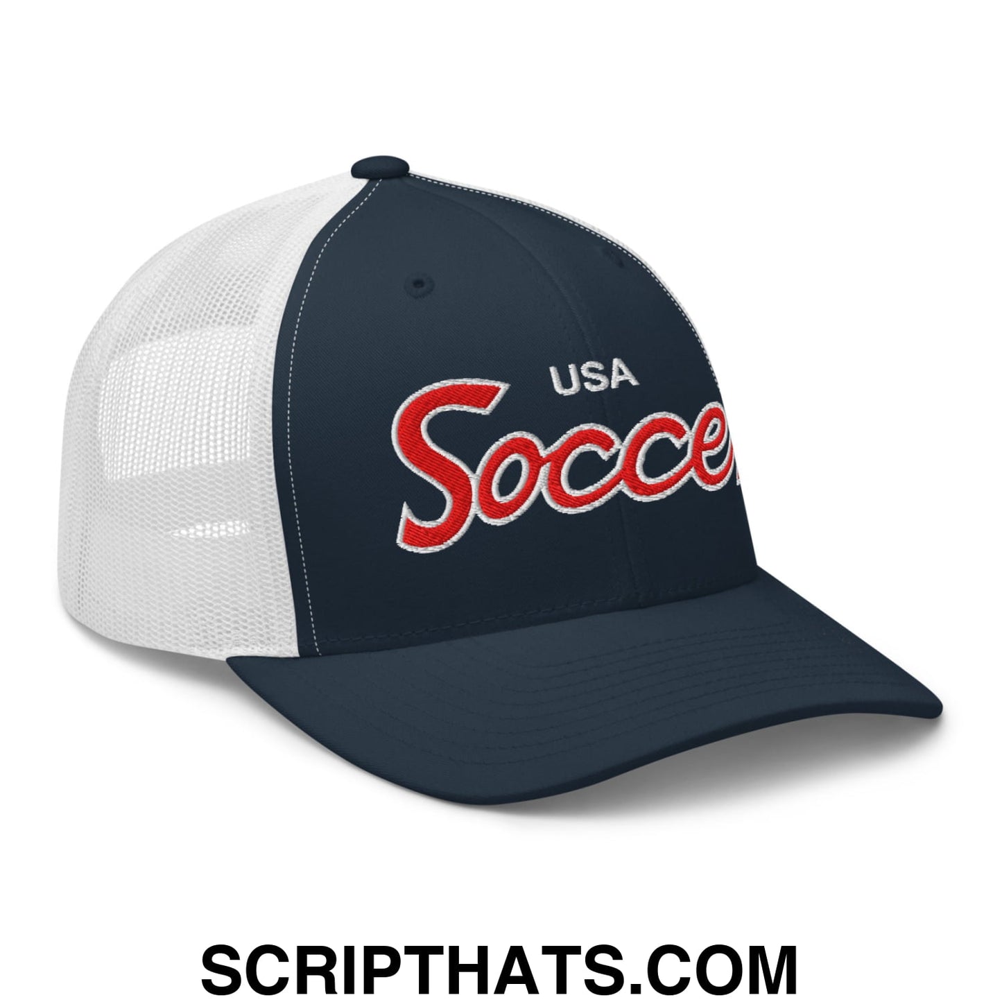 USA Soccer Olympics World Cup Vintage Sports Script Embroidered Mesh Trucker Hat Navy White