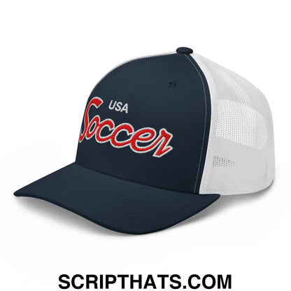 USA Soccer Olympics World Cup Vintage Sports Script Embroidered Mesh Trucker Hat Navy White