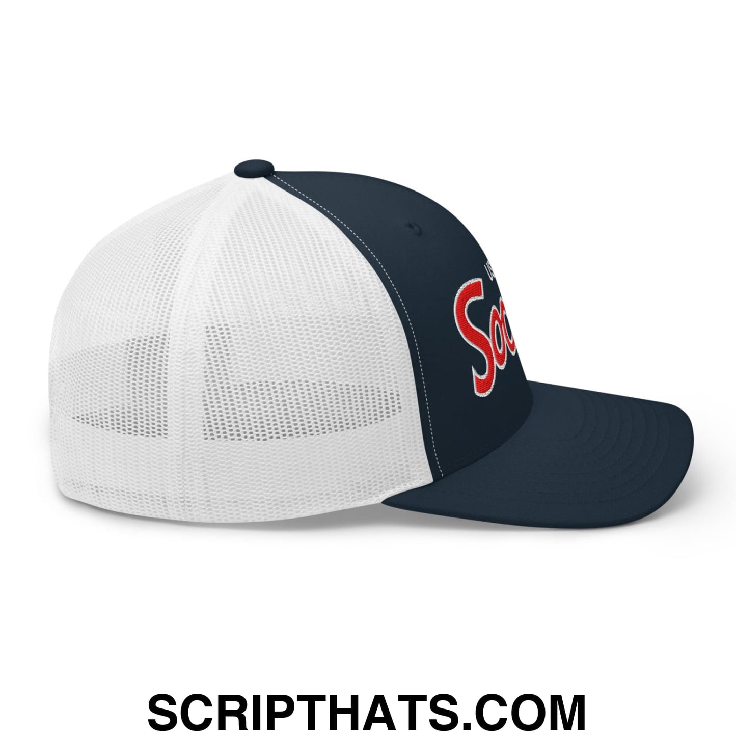 USA Soccer Olympics World Cup Vintage Sports Script Embroidered Mesh Trucker Hat Navy White