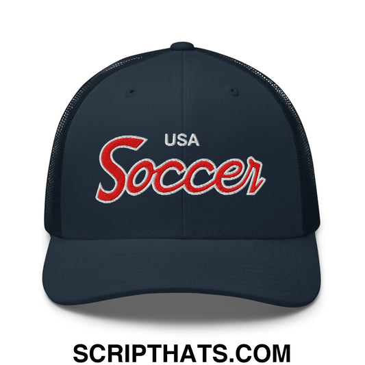 USA Soccer Olympics World Cup Vintage Sports Script Embroidered Mesh Trucker Hat Navy